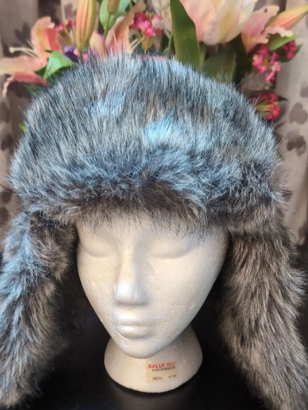 Grey Faux Fur Trapper Hat with Nordic Knit Pattern
